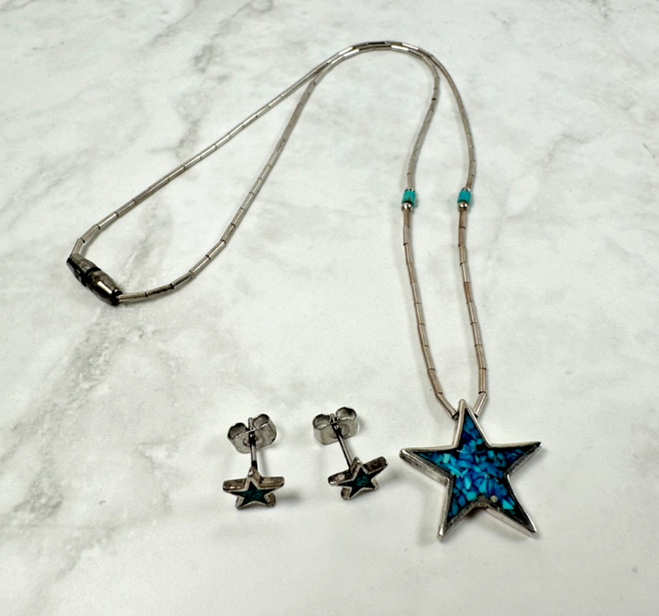 Sterling Silver Star Necklace & Stud Earrings w/ Turquoise Chip Inlay – 14″