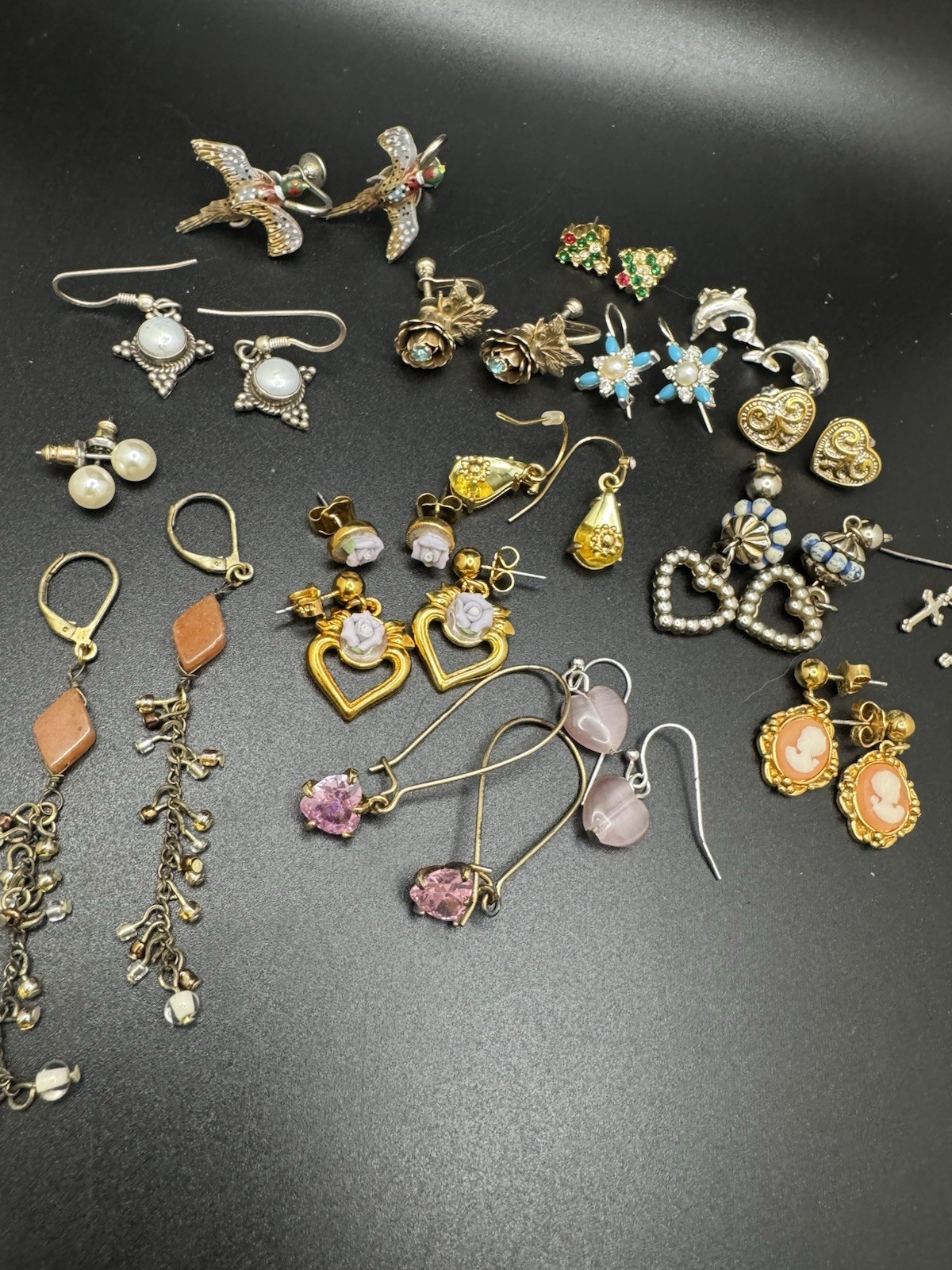 Vintage Earrings Lot 17 Pairs Avon Cameo Heart Dangle Rose Bird Mixed Styles