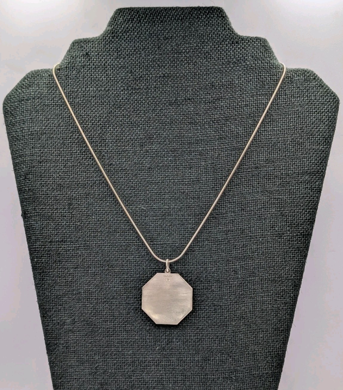 CW Vtg Sterling Silver Engravable Convex Octagon Pendant 18″ Snake 925 Necklace