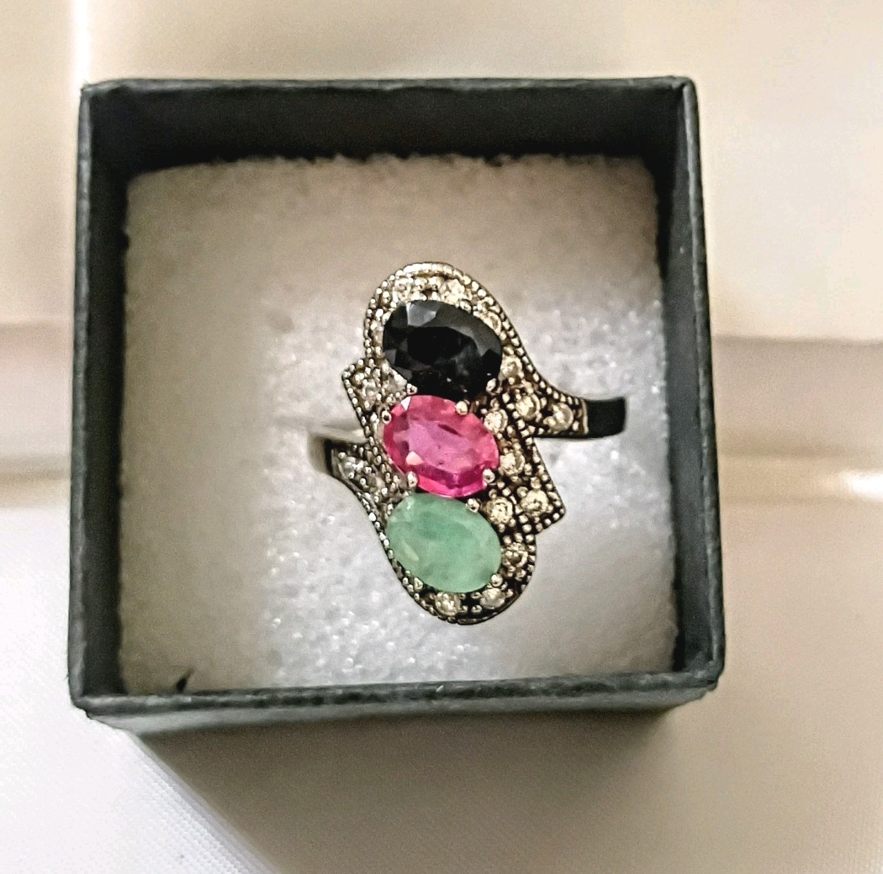 Vintage Natural Emerald Ruby Sapphire CZ Estate Statement Swirl Ring 8.5
