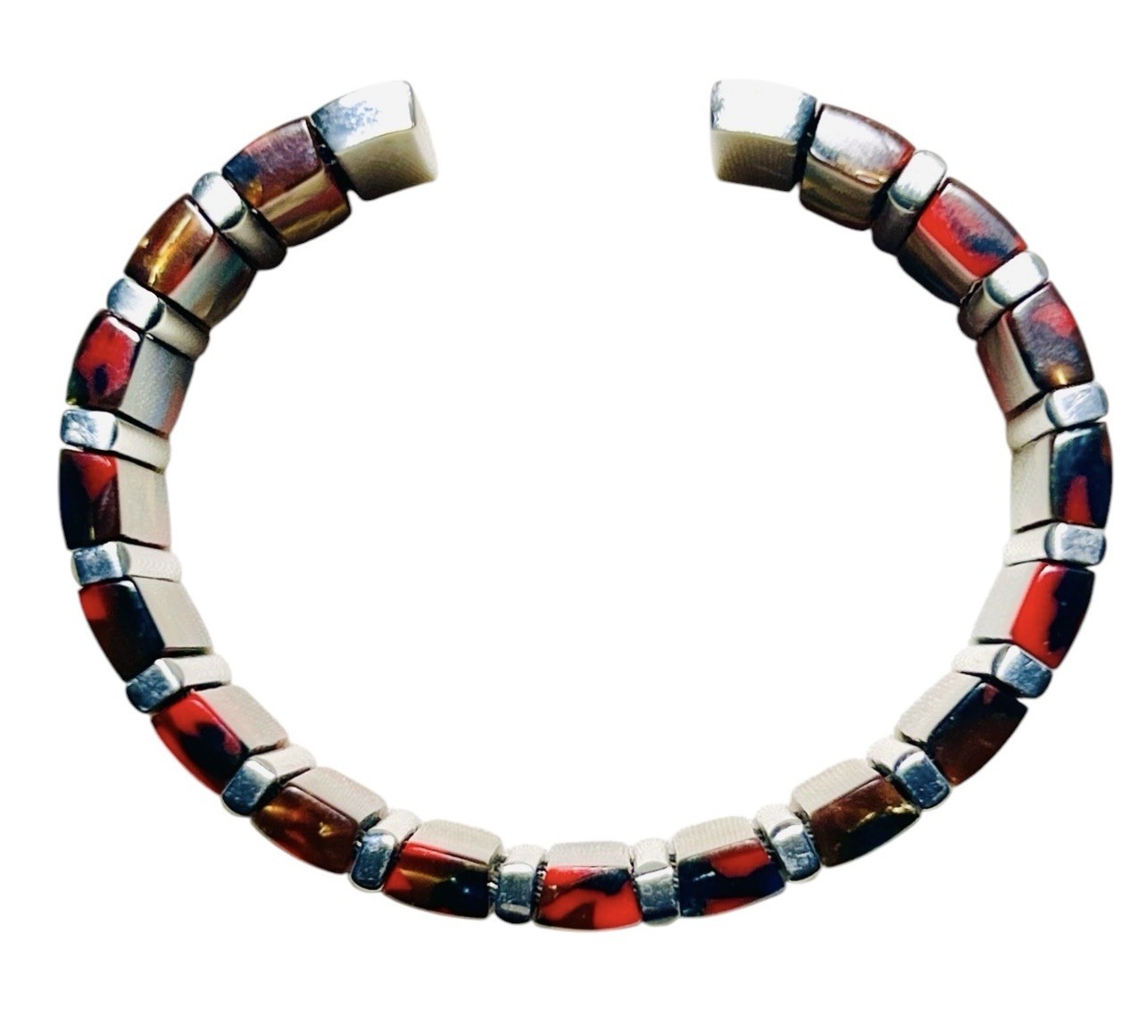 Vintage Acrylic Stretch Cuff Bracelet Marbled Red Gold Blue Silver Tone Bars Y2K