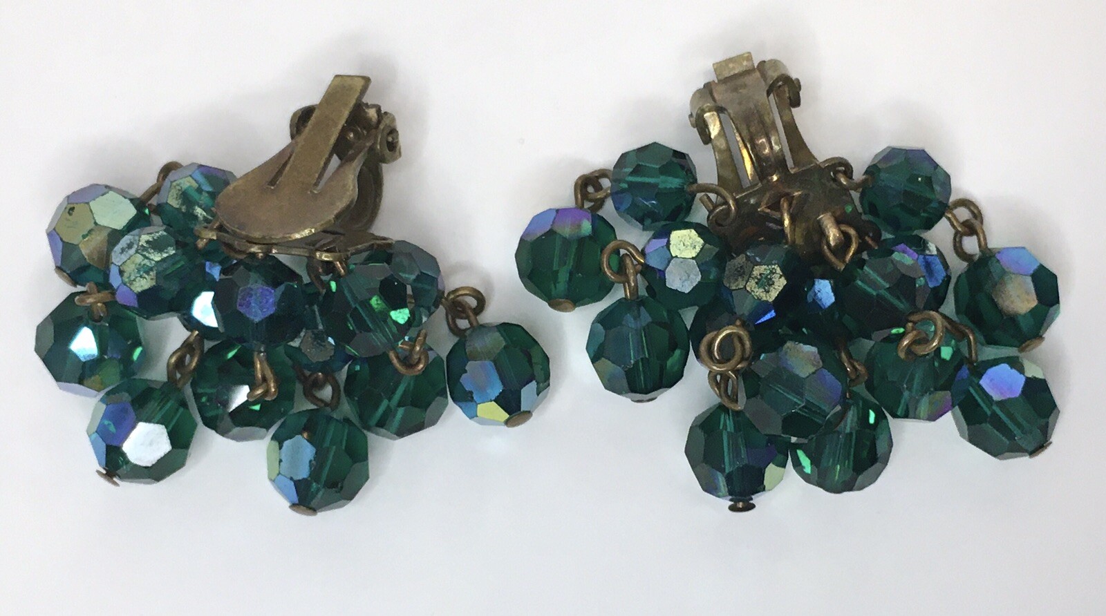 Dark Green AB Cluster Dangle Earrings Clip On Style Luster Sparkle