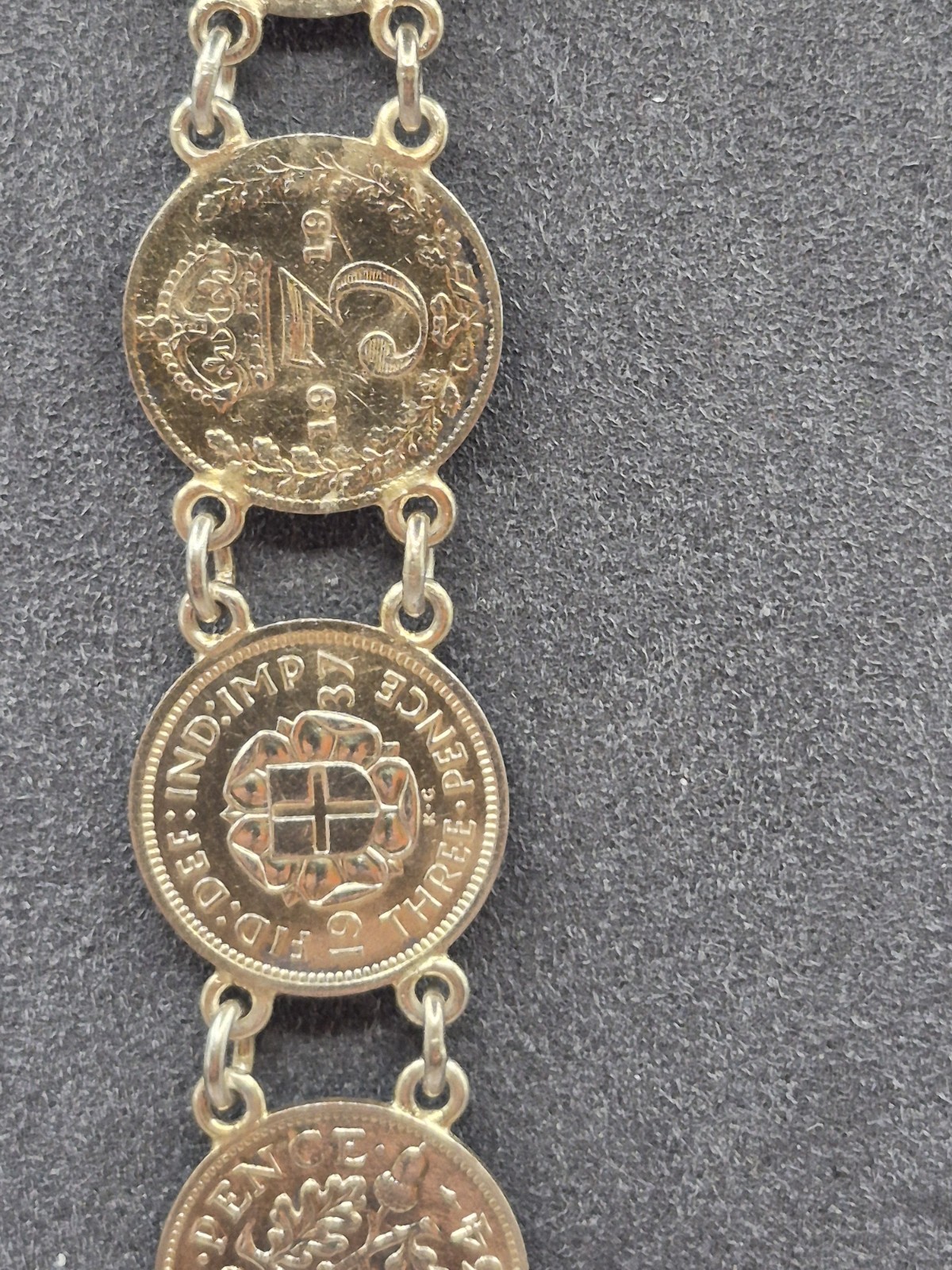 Antique Silver Coin Bracelet Chain Link Size 6.5. Gold Vermeil 1900’s To 1930’s