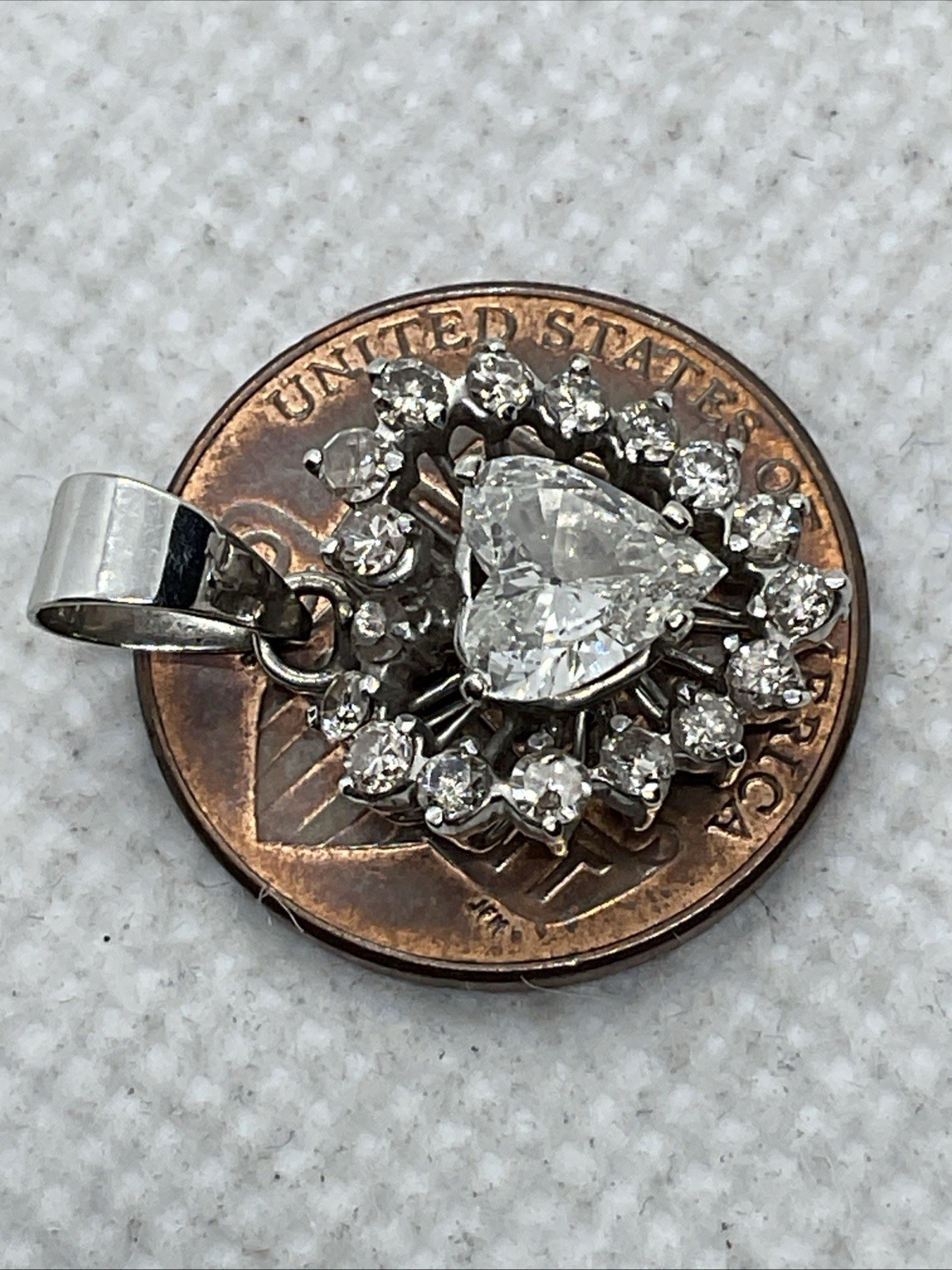 VINTAGE HANDMADE 8K White Gold Solitaire Diamond w/Accents Pendant & 11K Lock