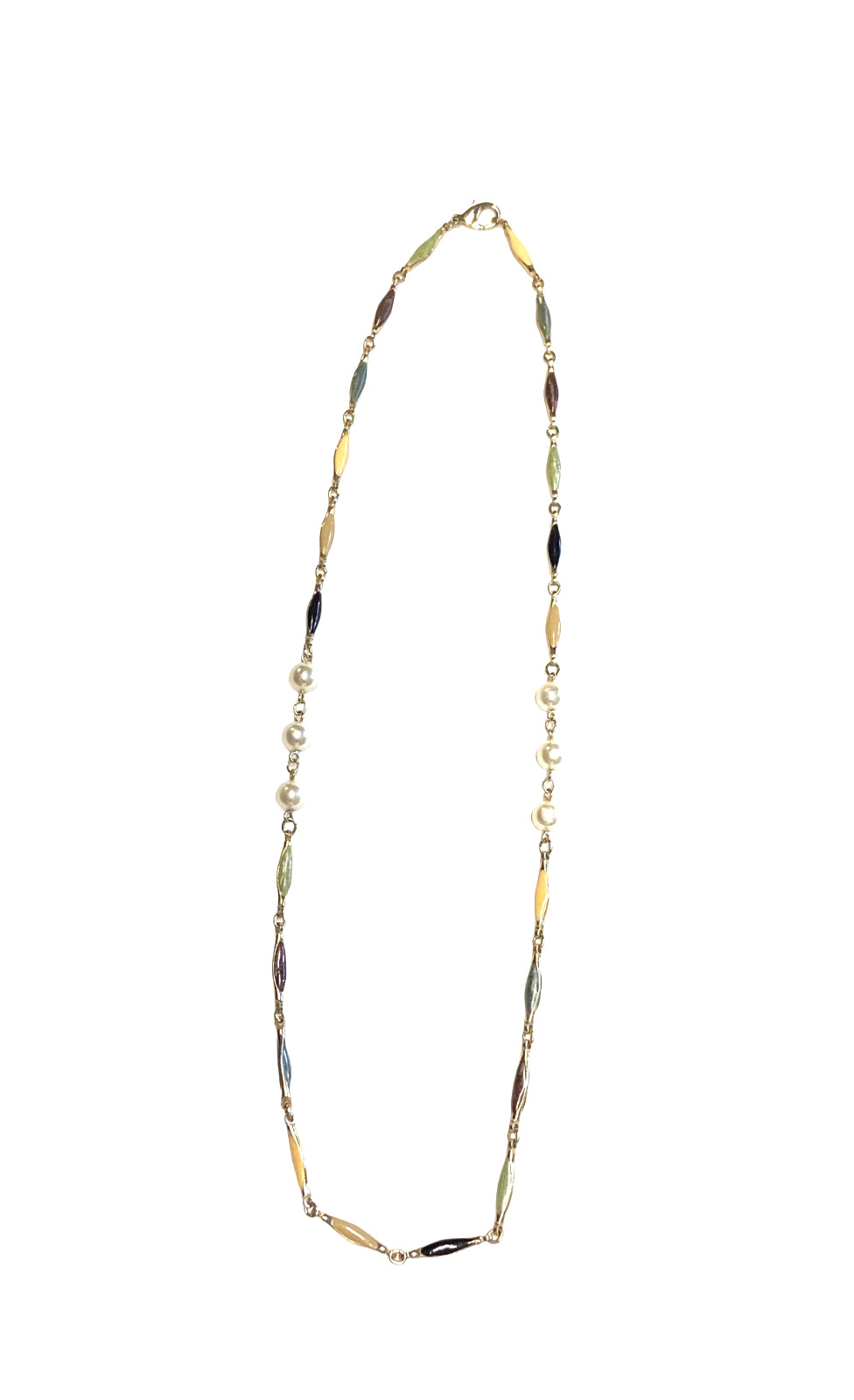 Vintage Gold Tone Multicolor Enamel Bar Link Elliptical Faux Pearl Necklace 25″