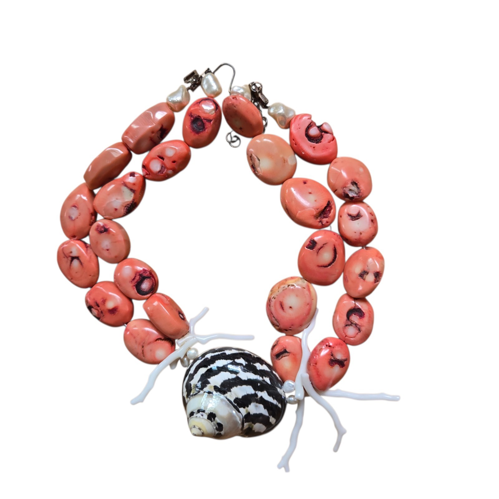 Vtg Red Sea Bamboo Coral Graduated Double Strand Necklace White Coral Accent