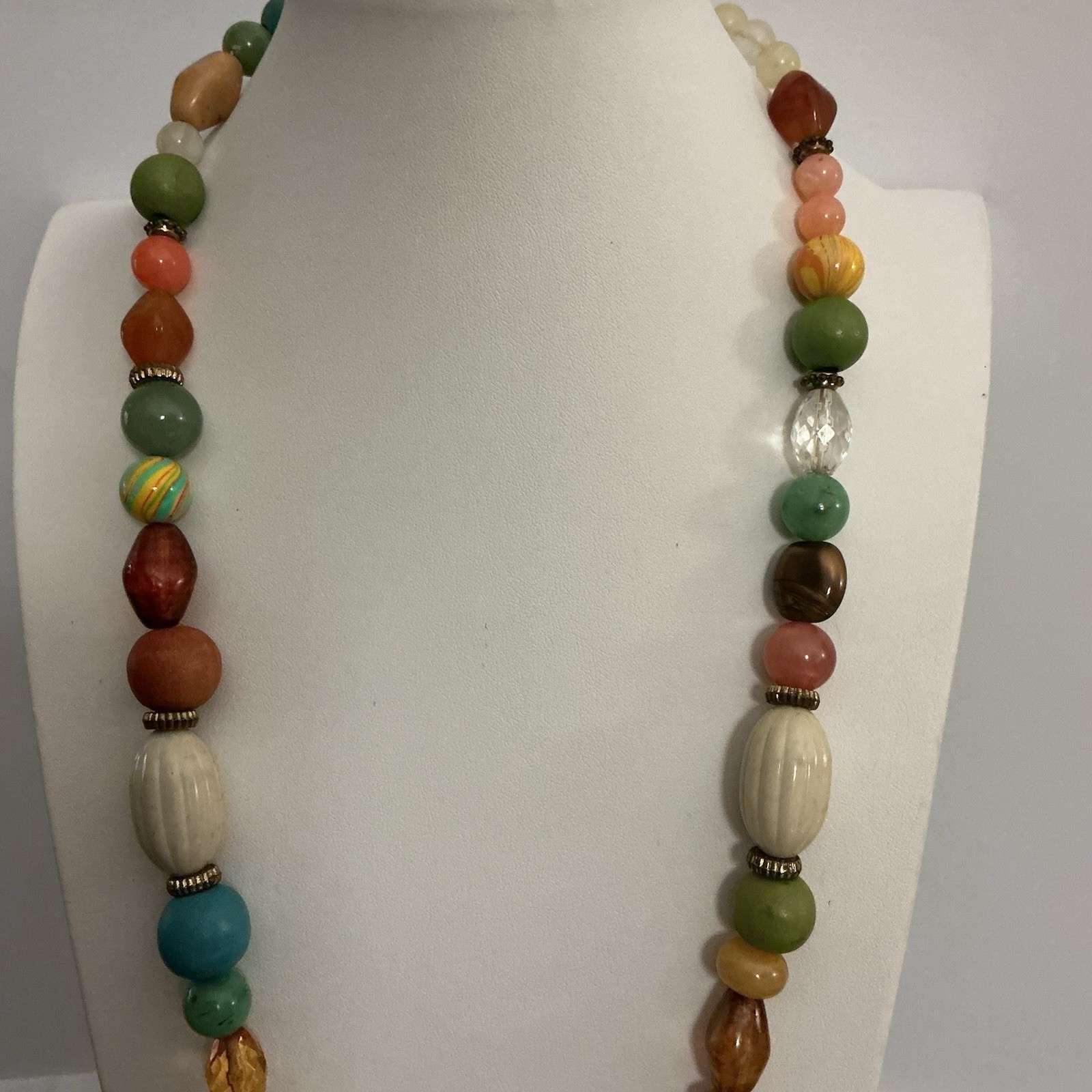 Vtg Necklace 28” Mixed Media Eclectic Beads Glass,Lucite,marble 80s Bohemian