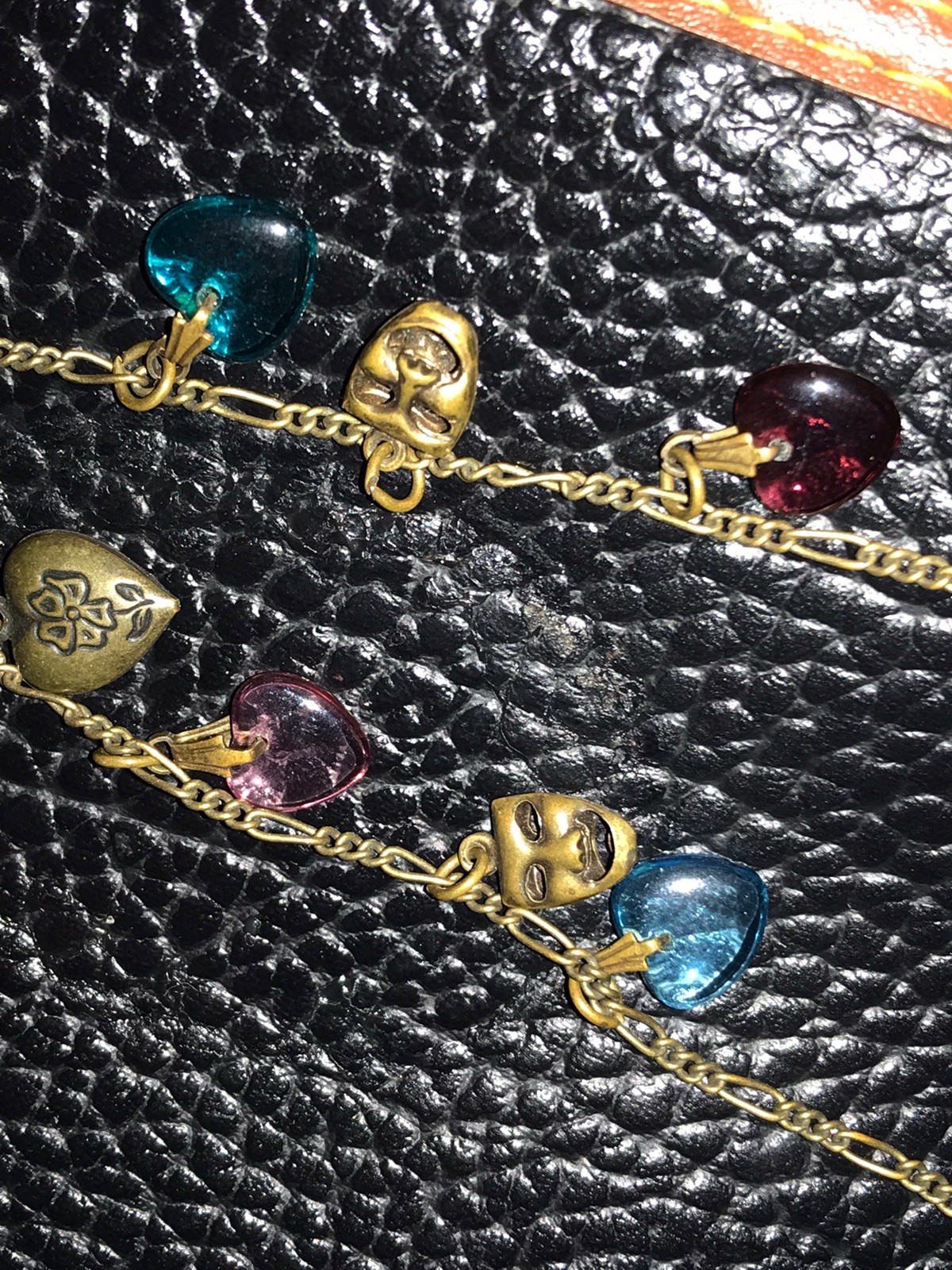 Vintage Glass Works Studio Charm Necklace Brass With Glass Hearts & brass Charms