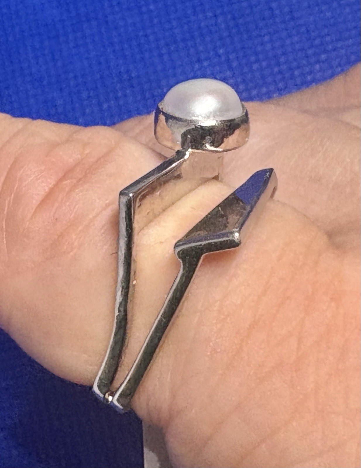 (01) TS 925 Sterling Silver Square Ring Size 6.5-7.0 White Pearl Mexico 1980s