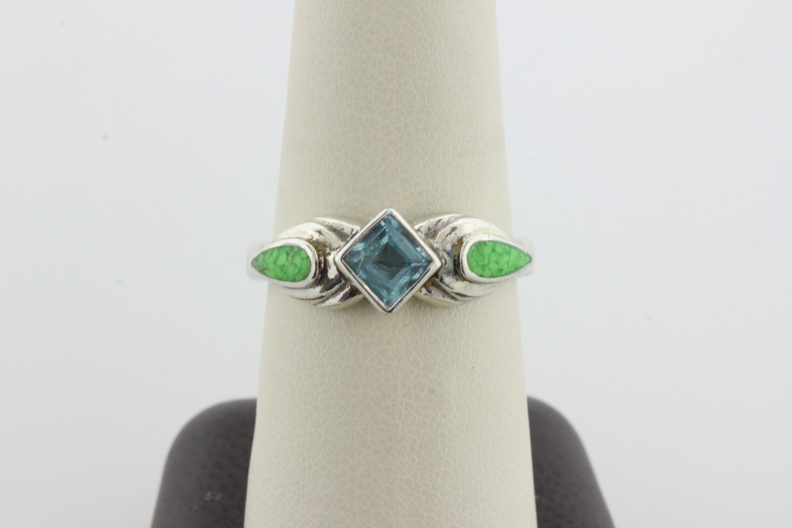 CW Sterling Silver 925 Vintage Blue Topaz & Green Turquoise Inlay Ring – Size 9
