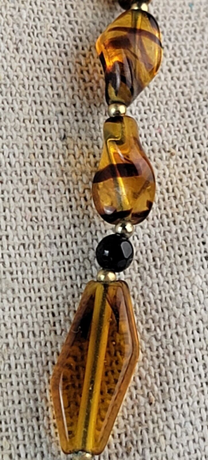 Vintage Faux Honey Amber Glass Beaded Necklace Gold Tone Fold Clasp 30 Inch