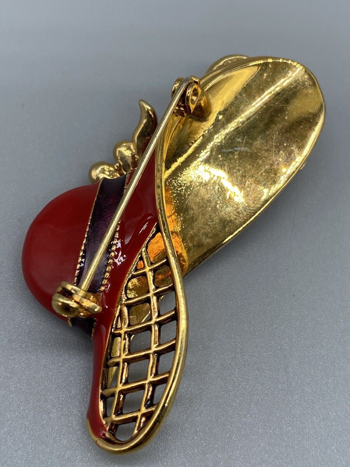 Vintage 1960s Brooch Pin Lapel Lady Hat Red Enamel Rhinestone Gold Tone