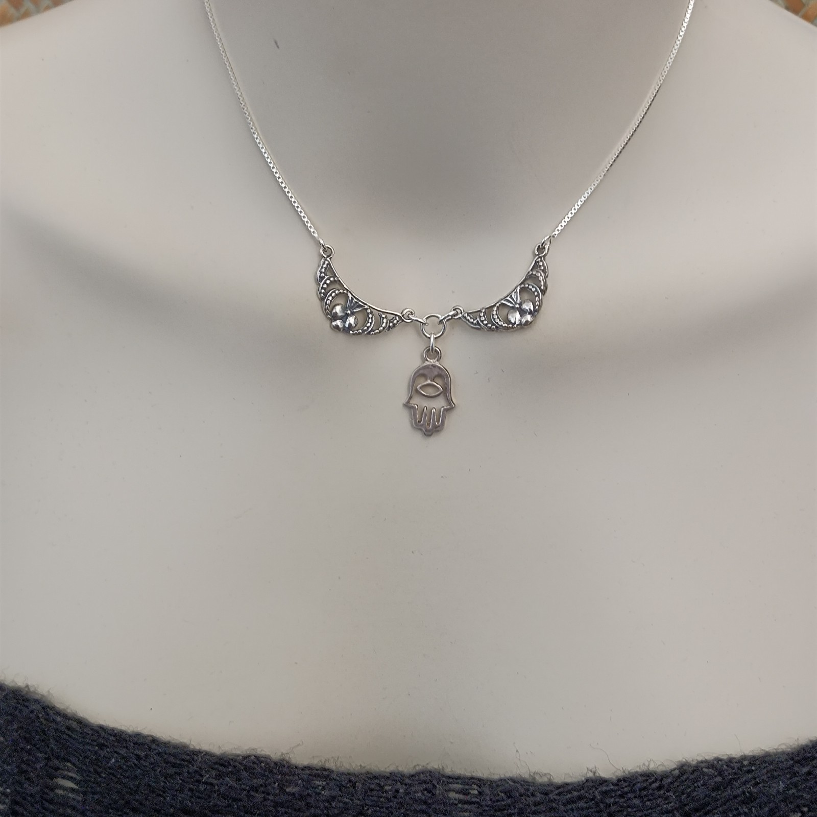Sterling Silver Hamsa Necklace Hand of Fatima Vintage Ethnic Bib Spiritual Gift