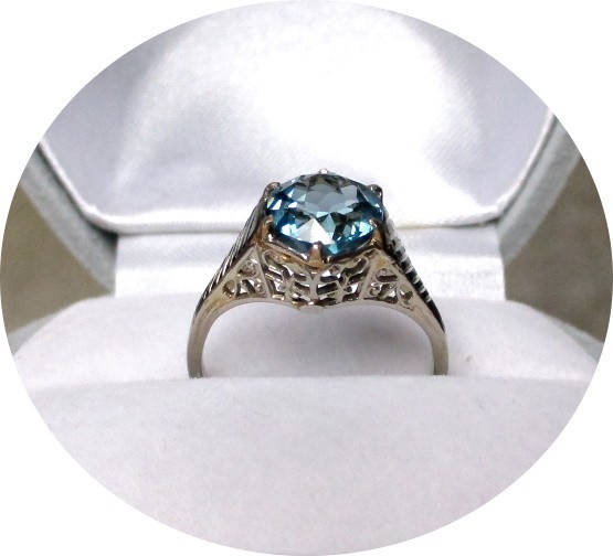 Estate Art Deco Ring – LONDON Blue Topaz – Solid 14kK White Gold Filigree Mtg…