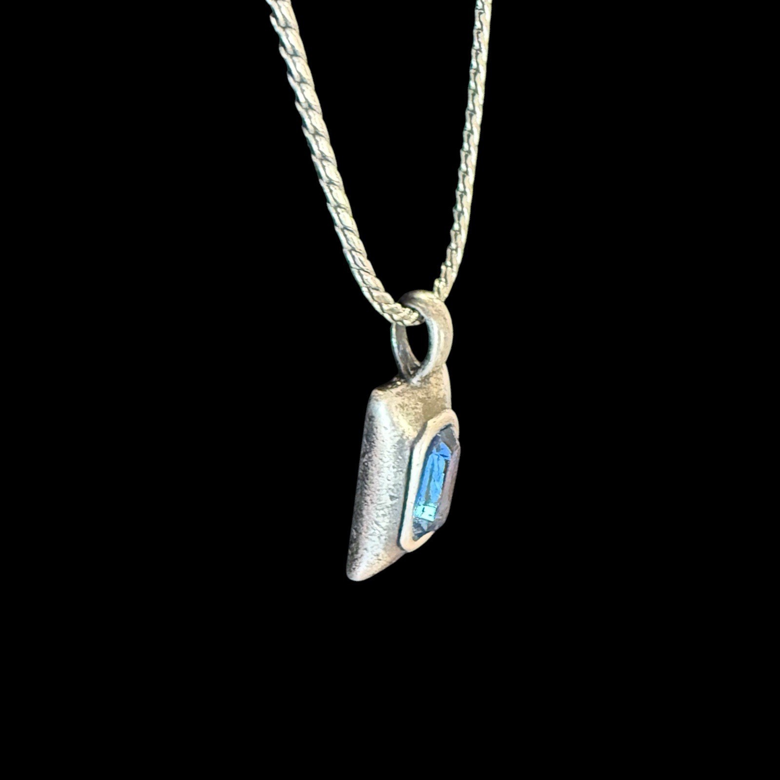 Vintage Silver Necklace Royal Blue Baguette Crystal Pendant, Silver toned Chain