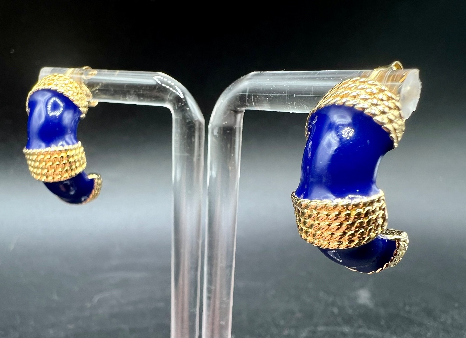 Vtg Gay Boyer Cobalt Blue Enamel J Hoop Earrings Gold Tone Rope Signed Statement