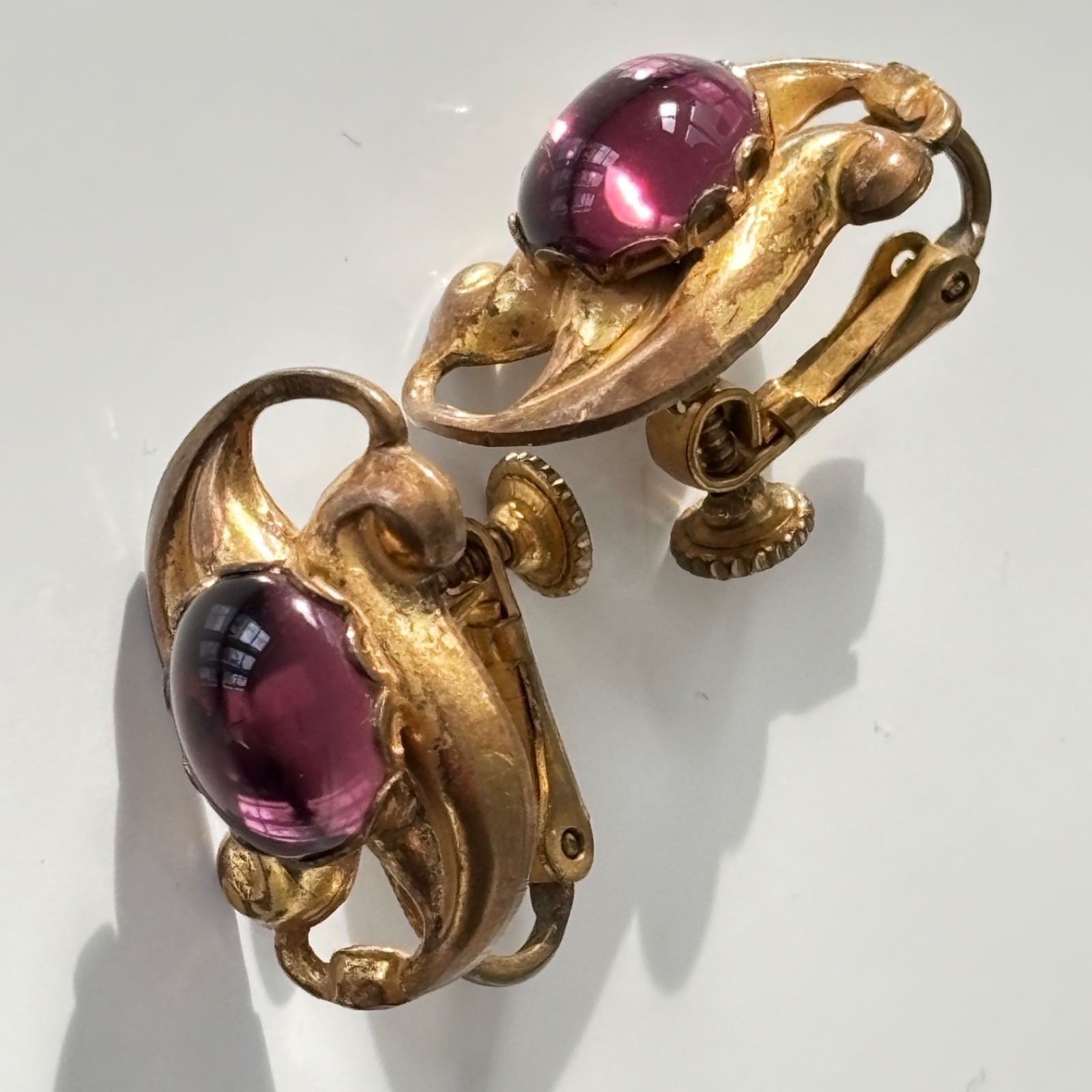 Vintage Miriam Haskell Earrings Signed Purple Pink Gripoix Glass Cabochon