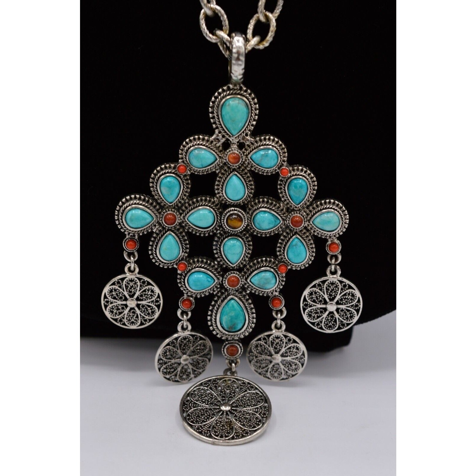 Graziano Vintage Turquoise Cabochon Coin Pendant Necklace South Western 1990s 9J
