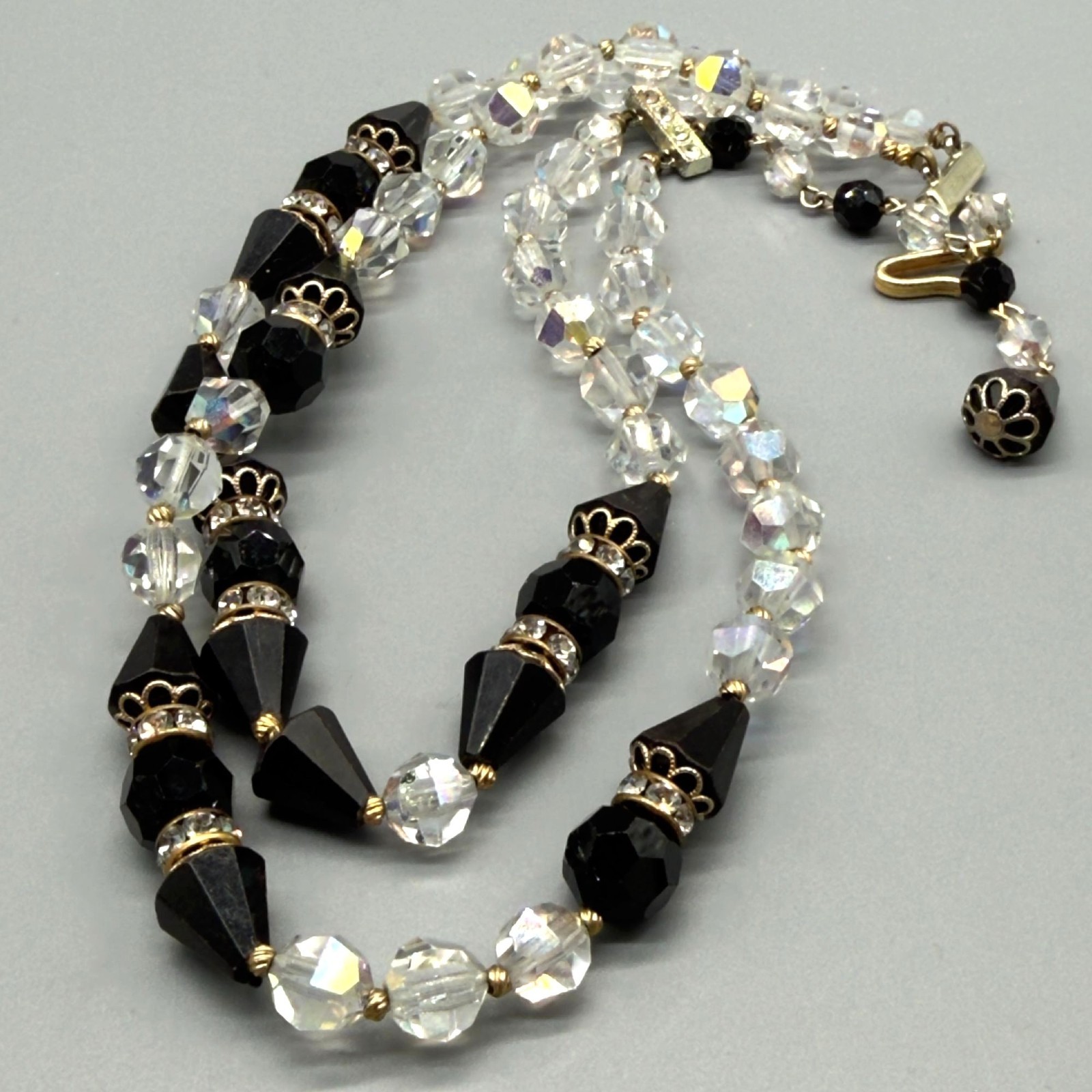 Vintage Black Clear Crystal Beaded Necklace Rhinestone Clasp 15″