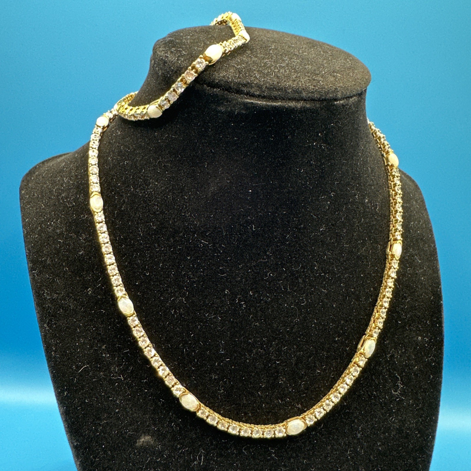 DBJ 925 Sterling Silver Gold Vermeil Clear CZ Opal Tenis Necklace & Bracelet Set