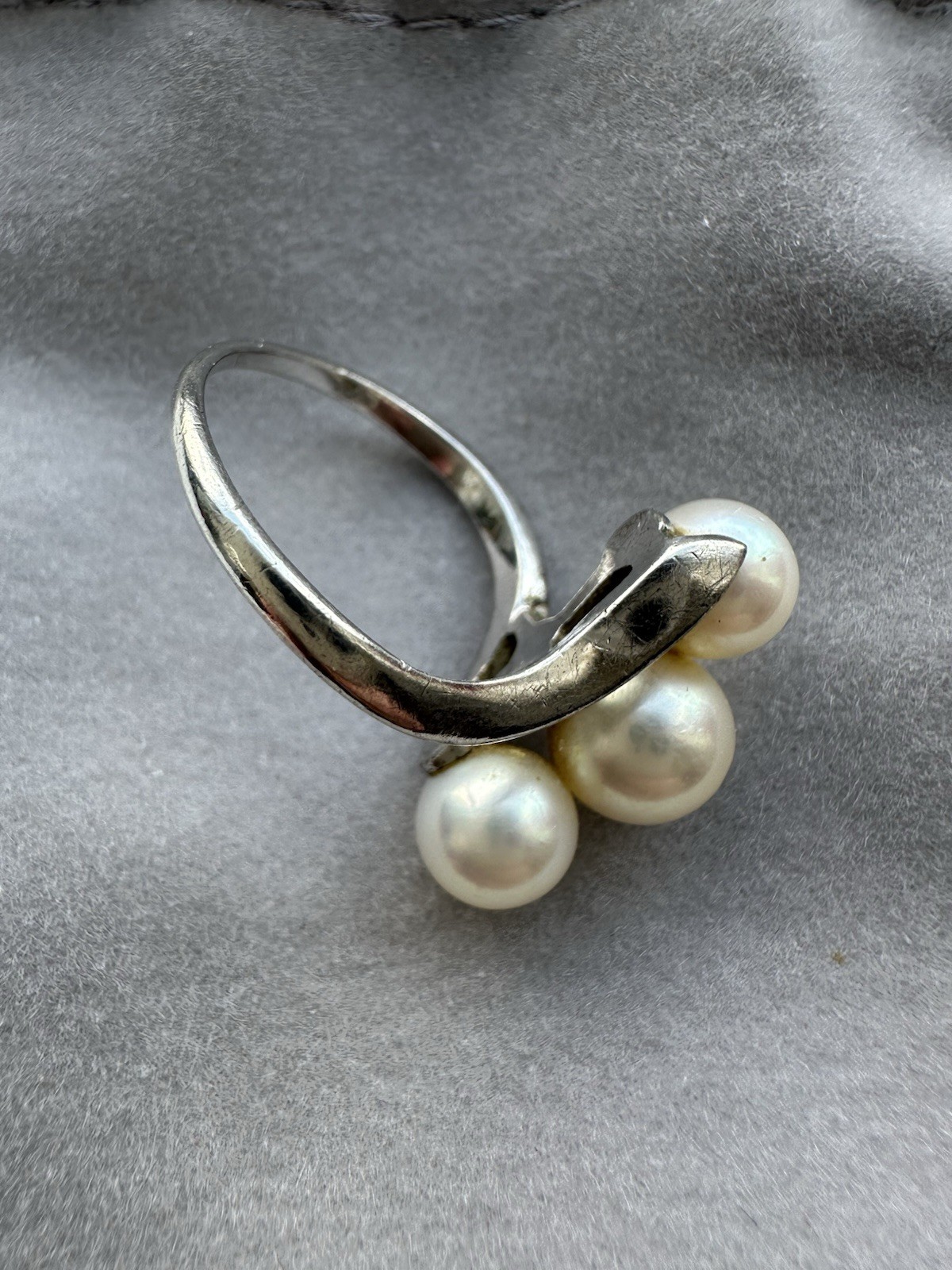 Mid Century Modern Sterling Silver Mikimoto Akoya Pearl Ring
