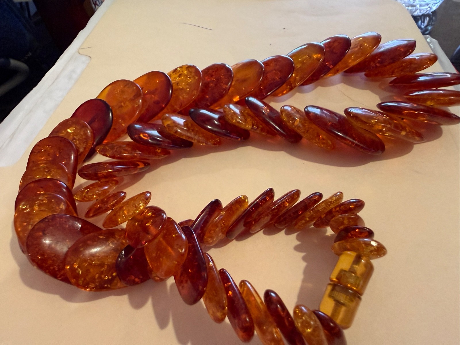 27 Inch Graduating Honey Golden Amber Oval Disk Shaped Bead Necklace Vintage