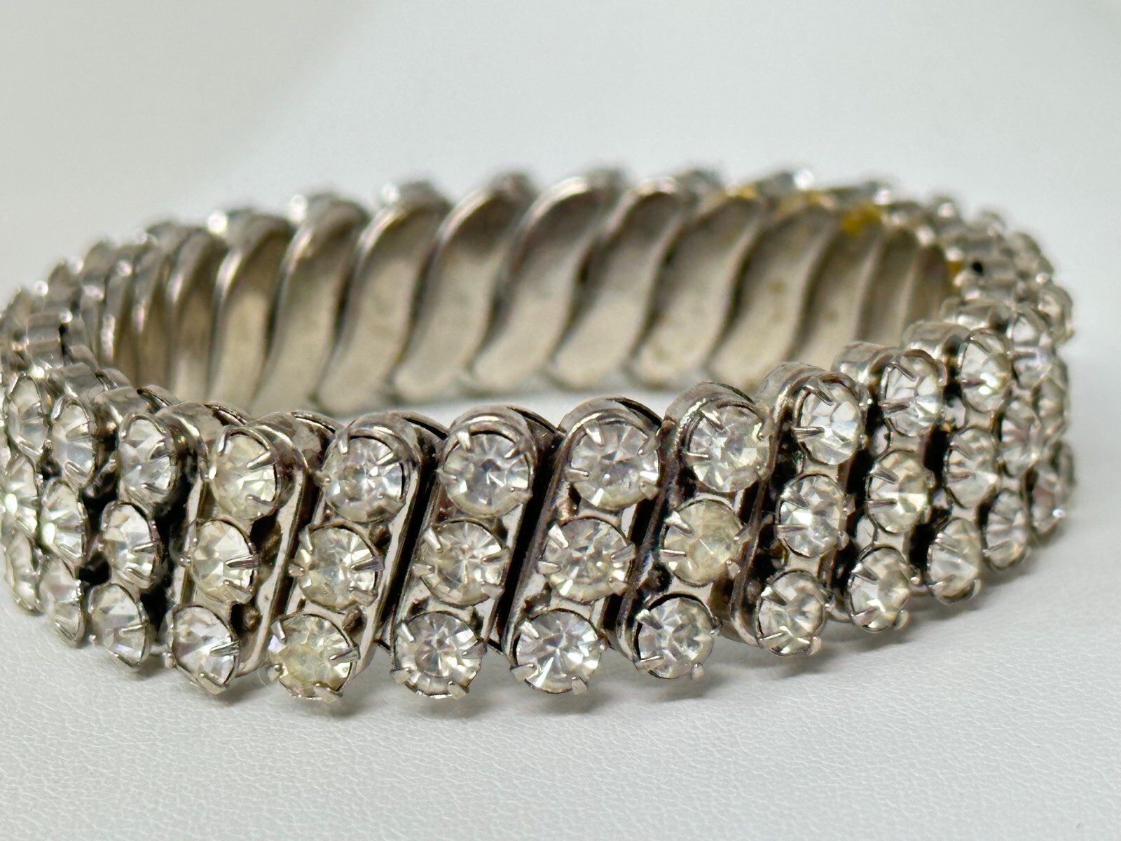 Vintage 3-Rows of Clear Rhinestones Watch Band 6″ Stretch Bracelet
