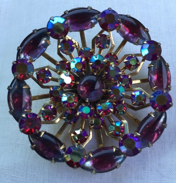 Vtg 60s pin rhinestone Red Purple Iridescent GoldTone Marquis Round Stones 2”