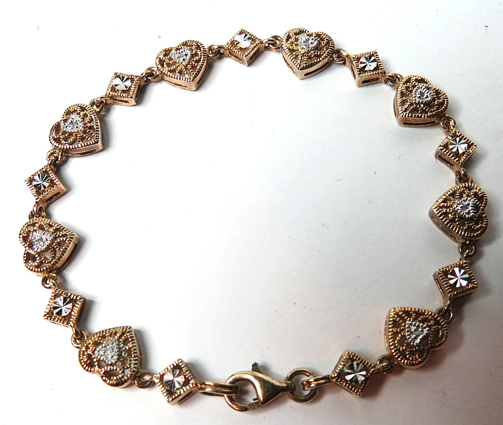 VINTAGE WOMEN HEART BRACELET GOLD TONE 925 STERLING SILVER 7″ LONG