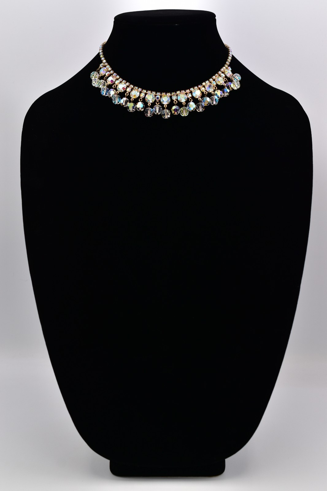 Vintage Crystal Choker Necklace AB Cluster Prong Rhinestone Gold Retro 50s BinBN