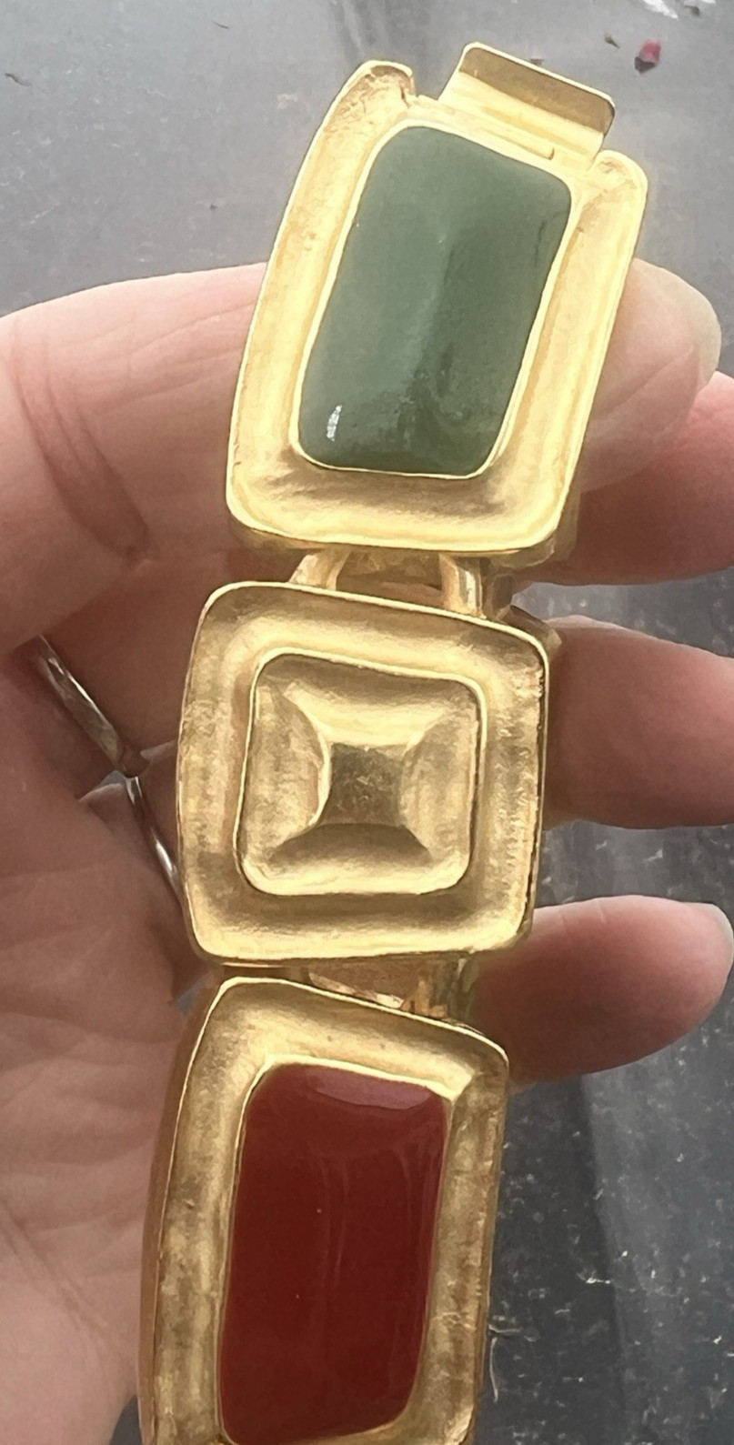 Vintage Green & Red Enamel Panel Chunky Gold Plated Necklace 16 1/2″