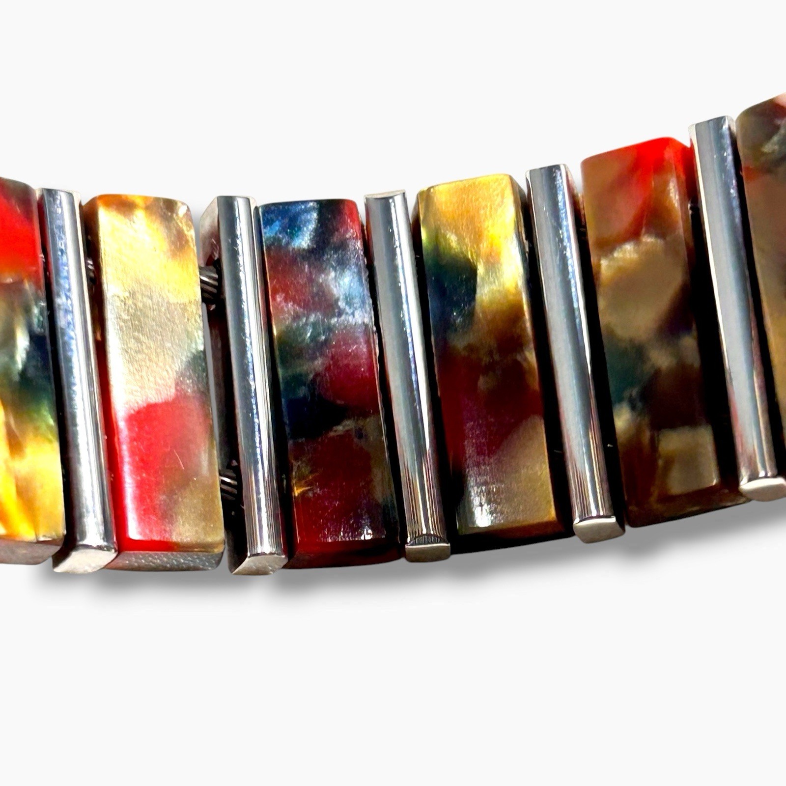 Vintage Acrylic Stretch Cuff Bracelet Marbled Red Gold Blue Silver Tone Bars Y2K