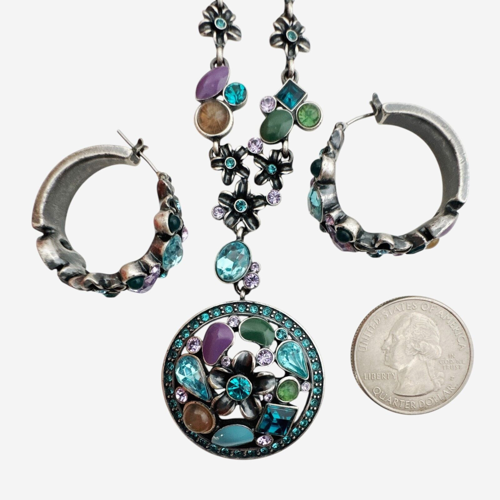 Floral Purple Blue Rhinestone Enamel Pendant Necklace / Earring Set ~Silver Tone