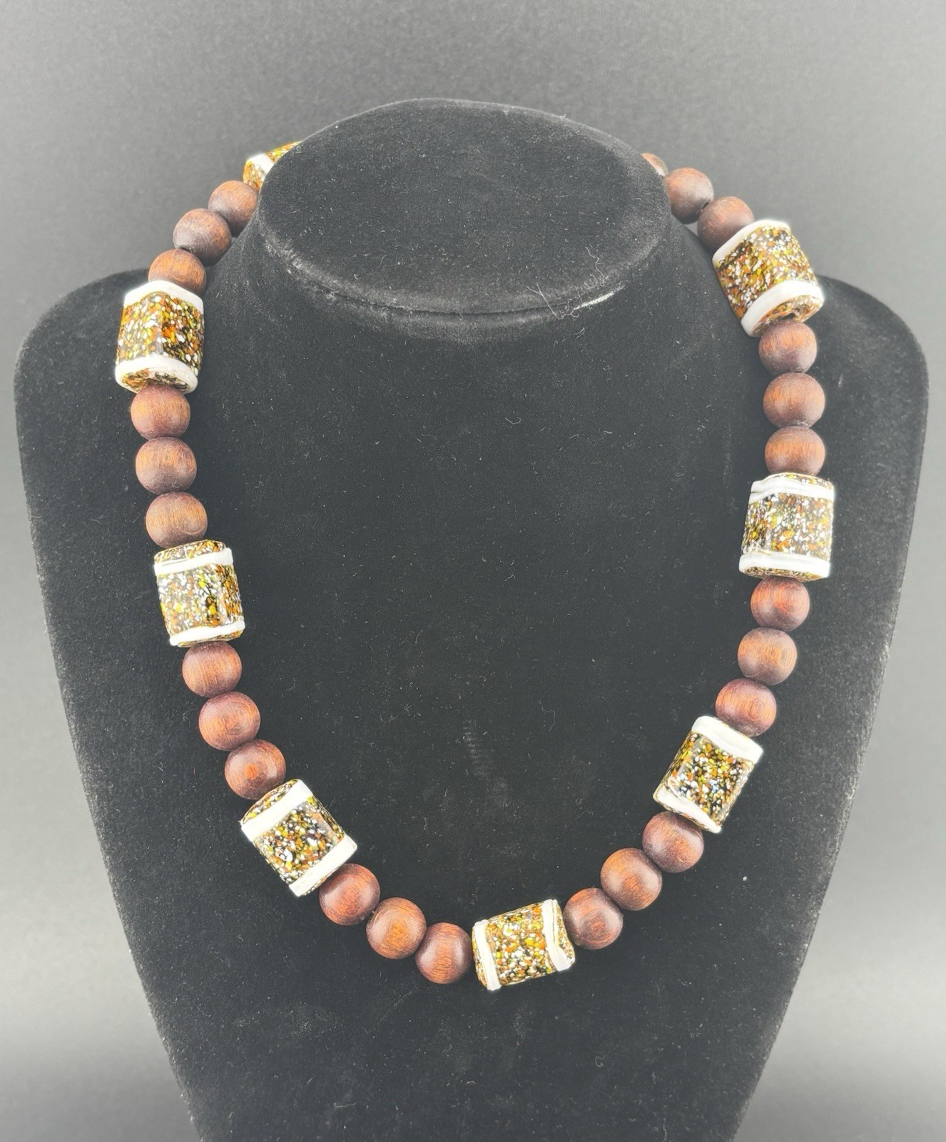 Ceramic Glazed Square White Brown Wooded Beaded VTG 16′ Necklace