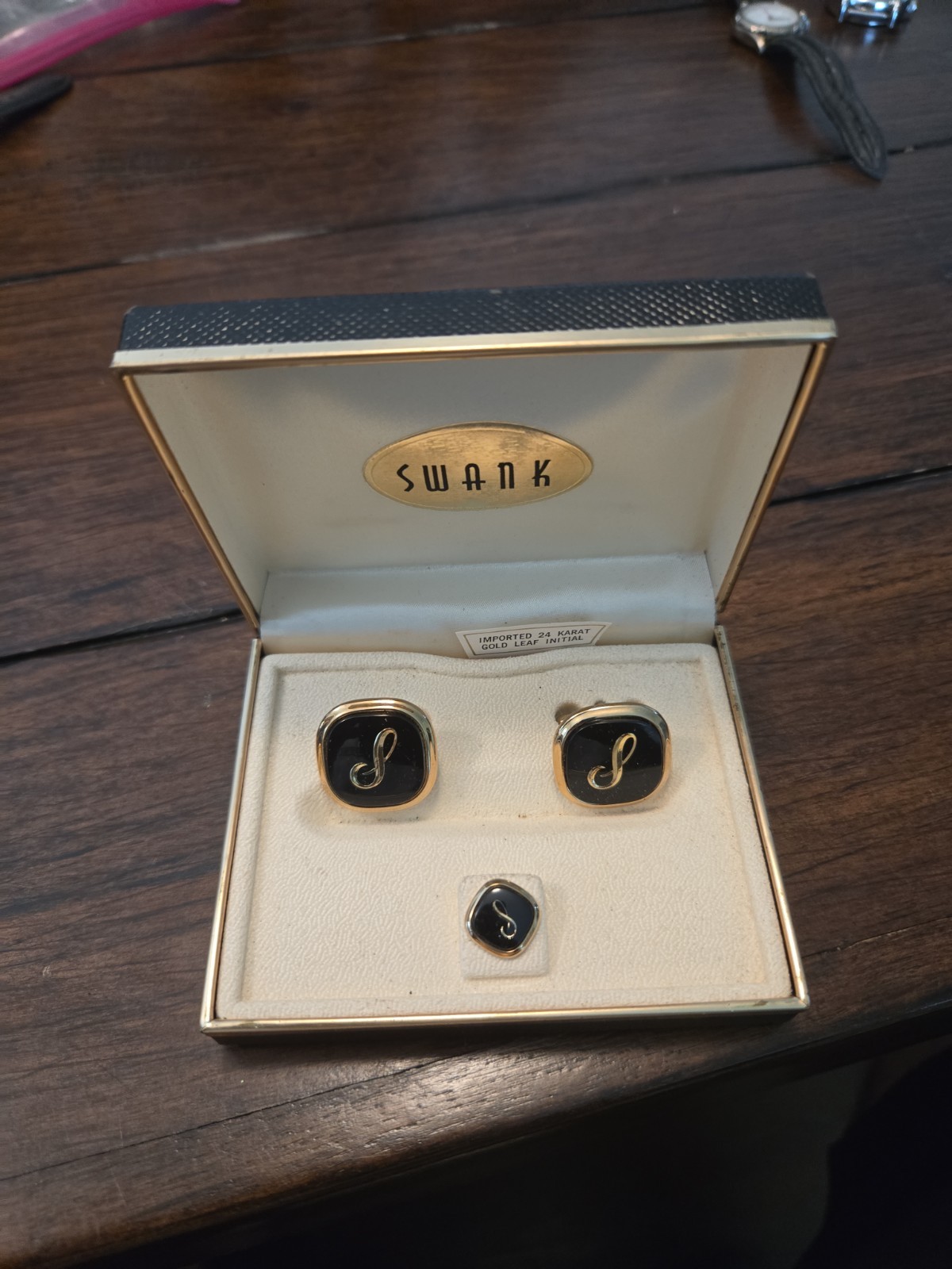 Swank Tie Clip and Cuff Links Set Gold with Black Vintage