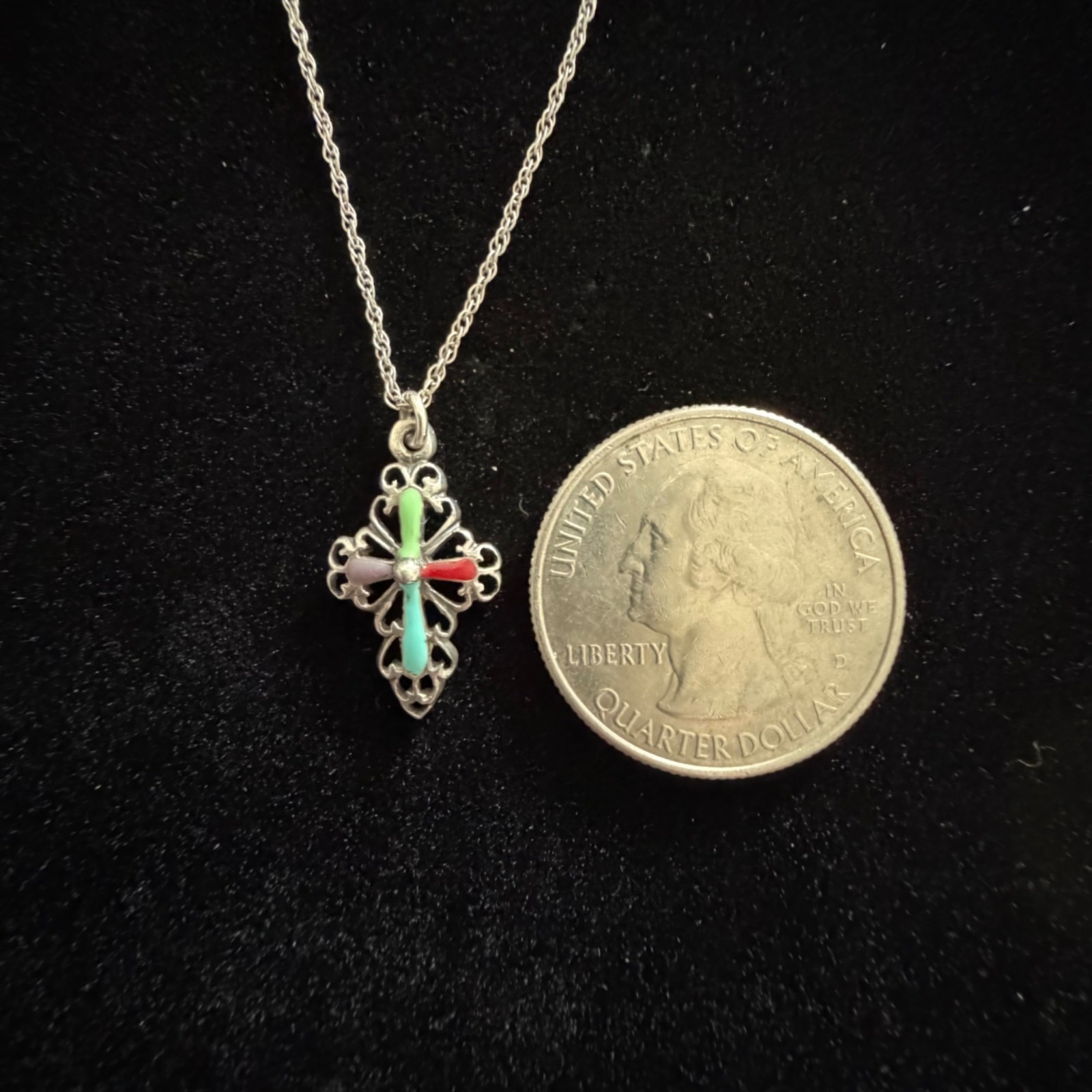 Vintage Sterling Silver Enamel Cross Pendant Necklace Filigree Multicolor 19″
