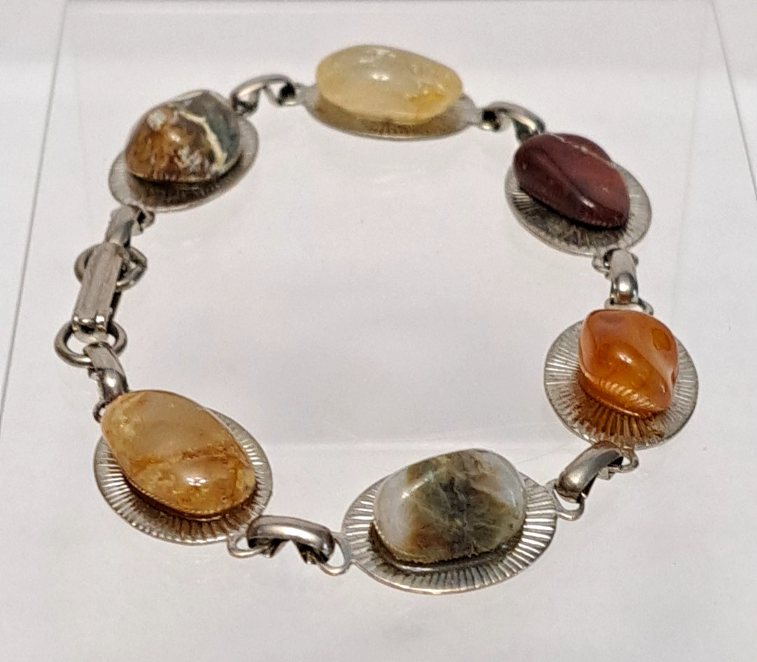 Vintage Silver Tone Tennis Bracelet Natural Precious Polished Stone Agates Color