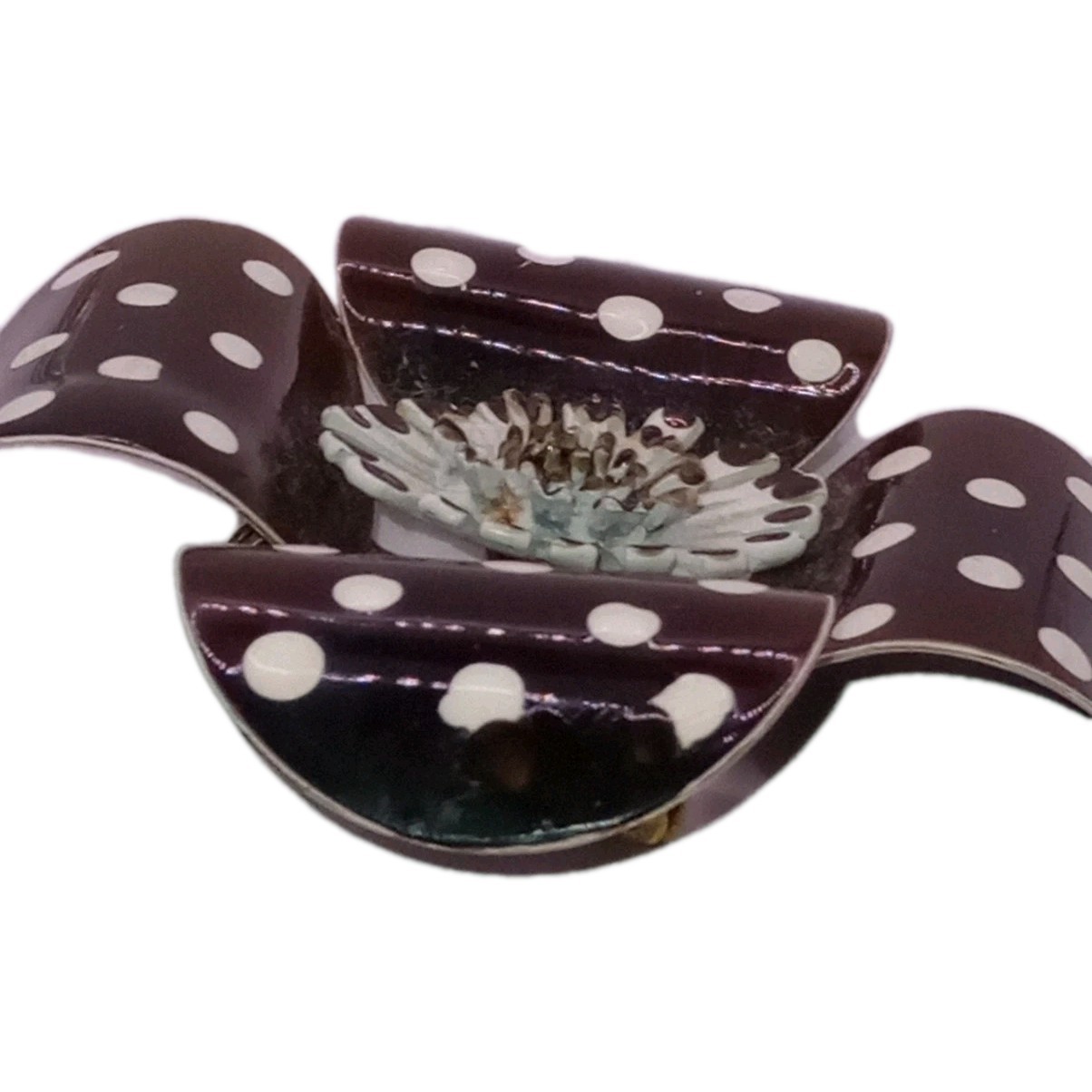 Vintage 1960s Brown White Enamel Brooch Polka Dot Flower Pin Large 2 3/4 in D