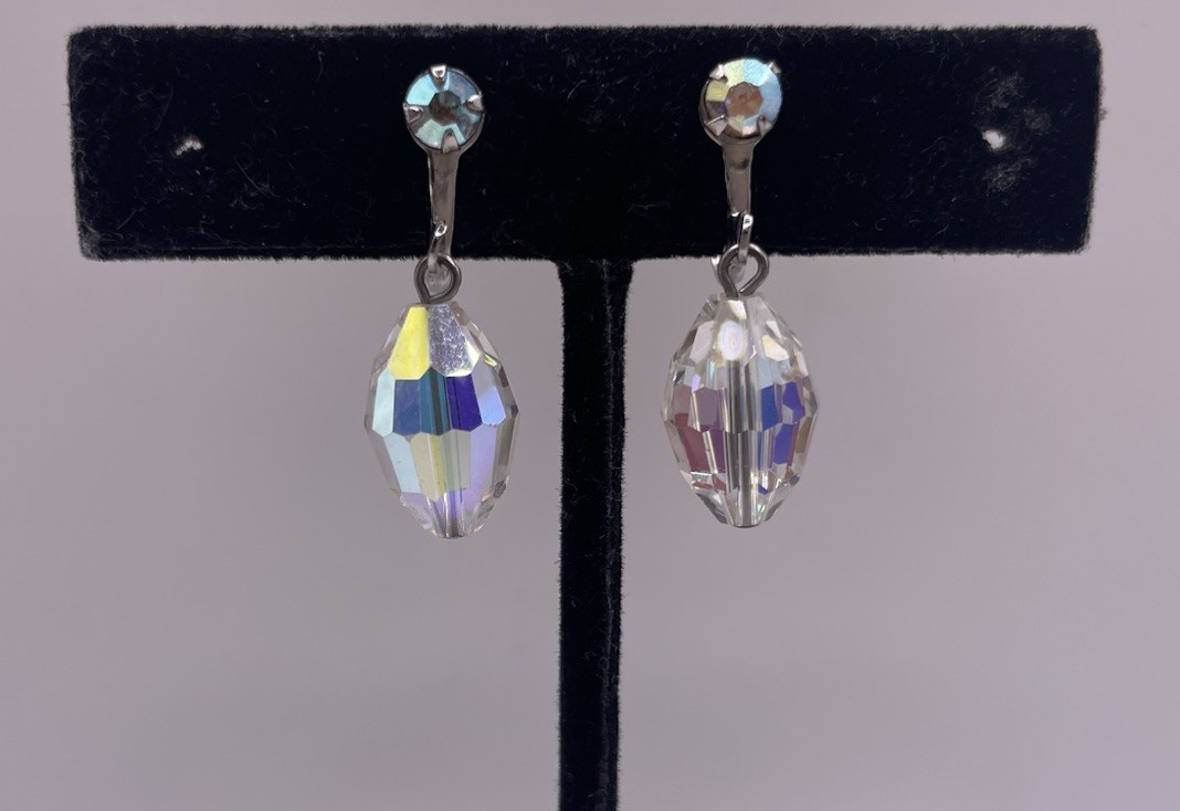 Vintage AB Aurora Borealis Faceted Crystal Drop Dangle Screw Back Earrings