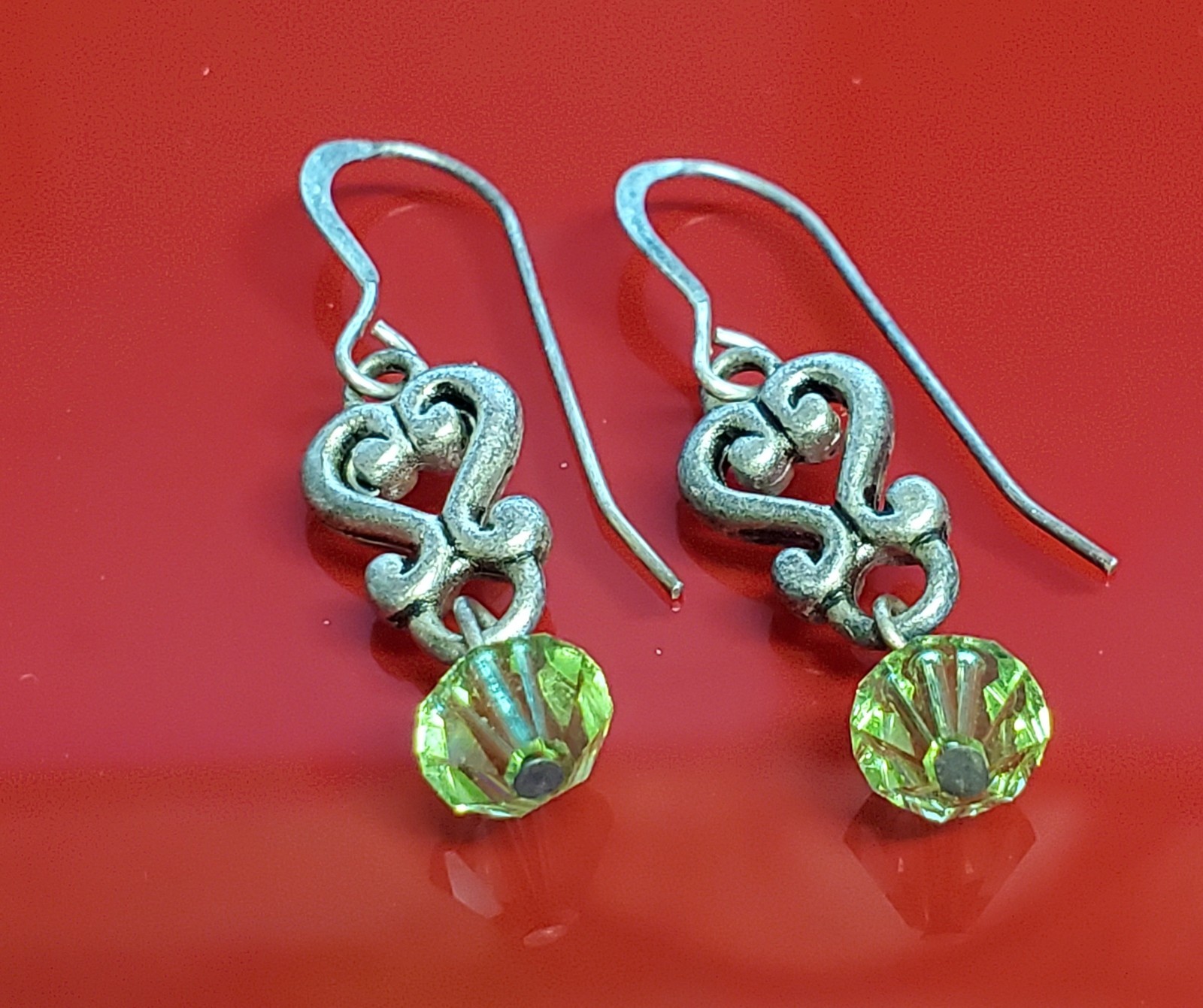 VTG 925 Green Bicone Crystal Earrings 1.25in Drop Sterling Silver Heart Scroll