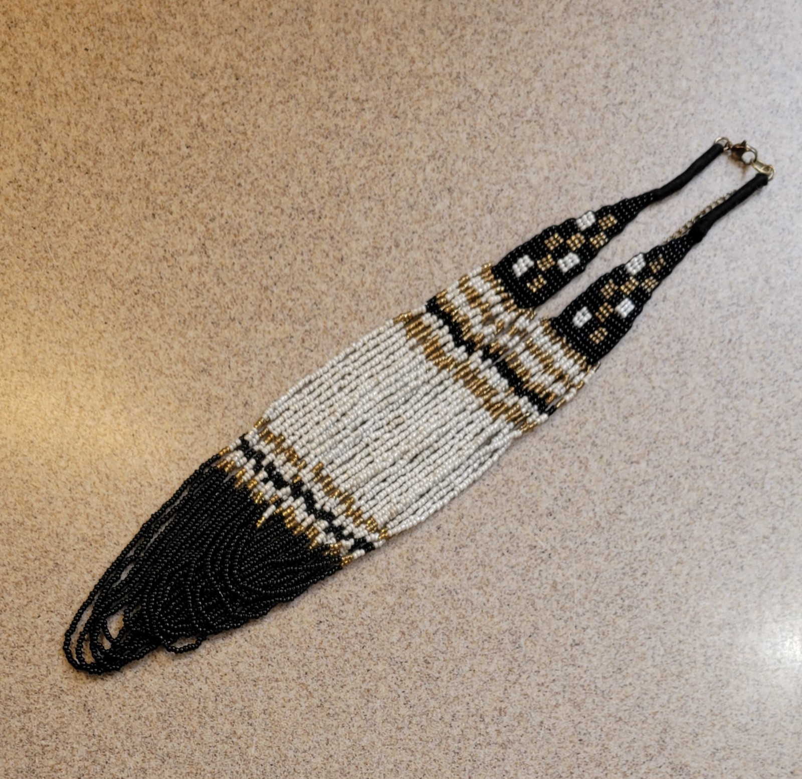 Vintage 16 Strand Black White Gold Seed Beads 22in Beaded Necklace 3in Extender