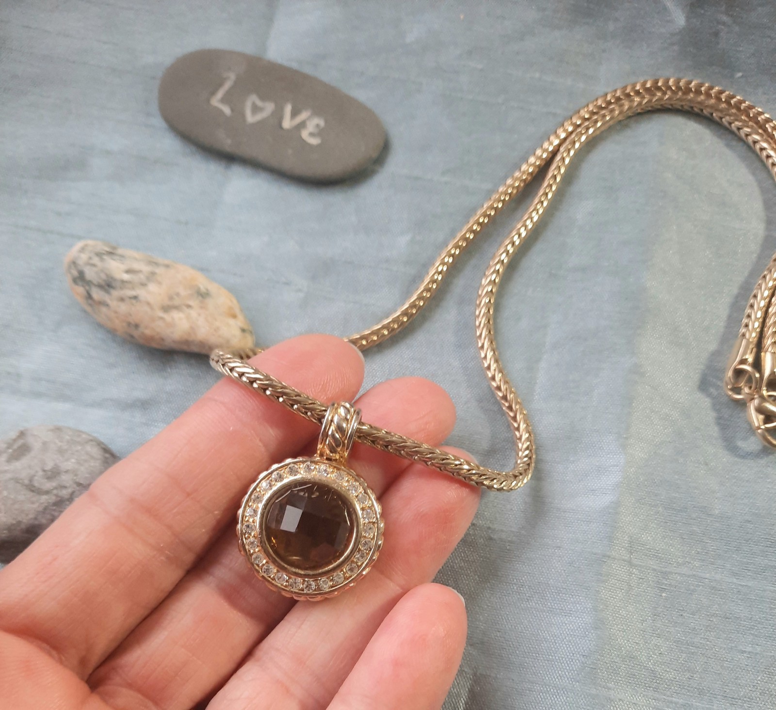 Vintage 80s Smoky Topaz & Clear Crystal Pendant Necklace Goldtone Chain