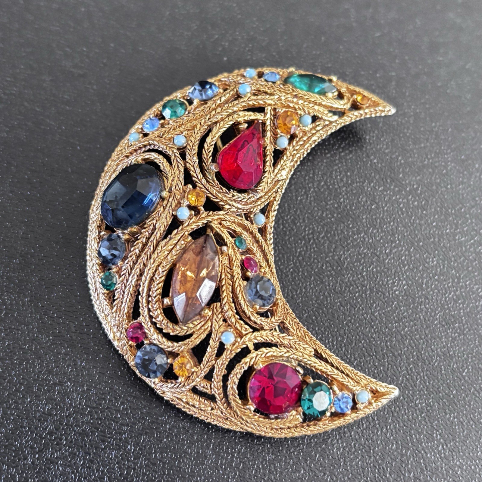 LaRoco Attributed 1950s Moon Brooch Colorful Gold Tone Rhinestones Florenza?