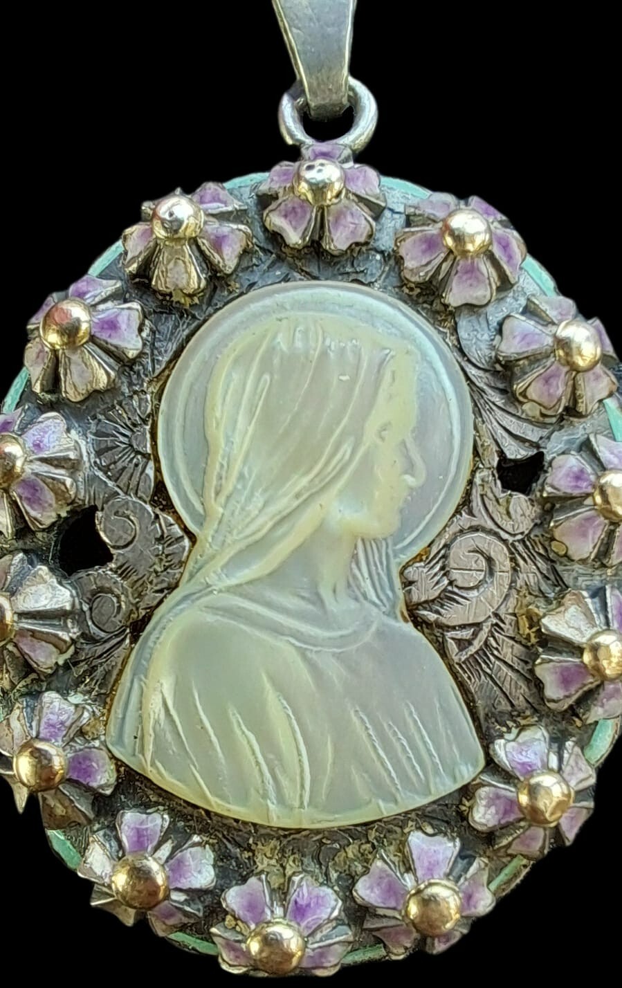 Fine Antique European Art Deco Gold Silver Enamel MOP Virgin Mary Pendant C1900