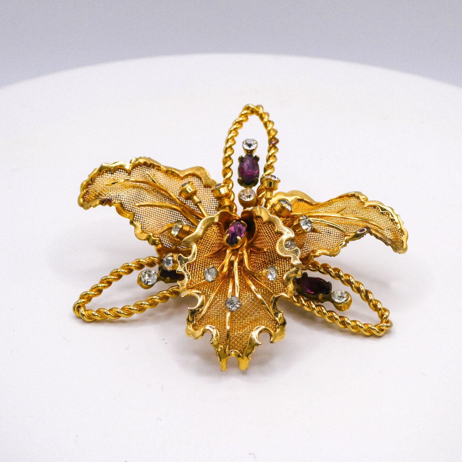 Purple Rhinestone Orchid Figural Brooch Pin Mesh Rhinestone Vintage Large 2.5″