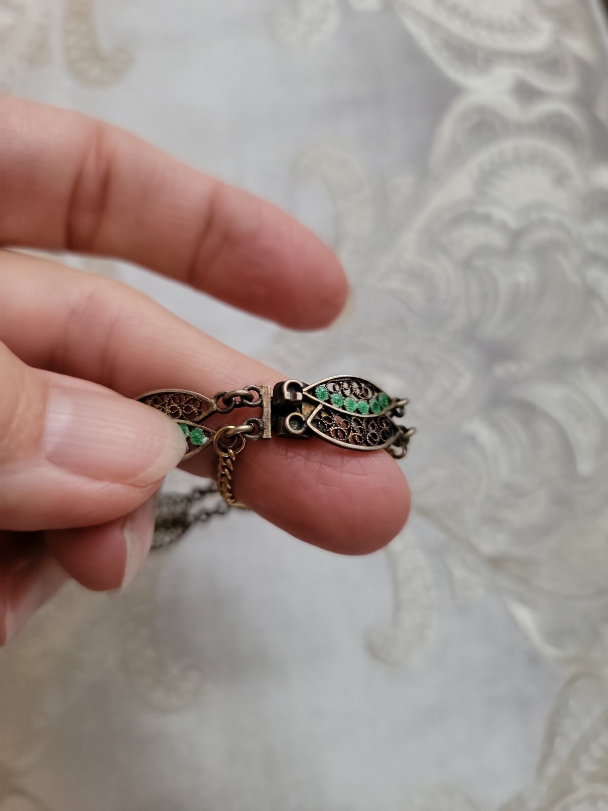 Vintage Cannetille & Green Enamel Bracelet, 6″ 800 Silver