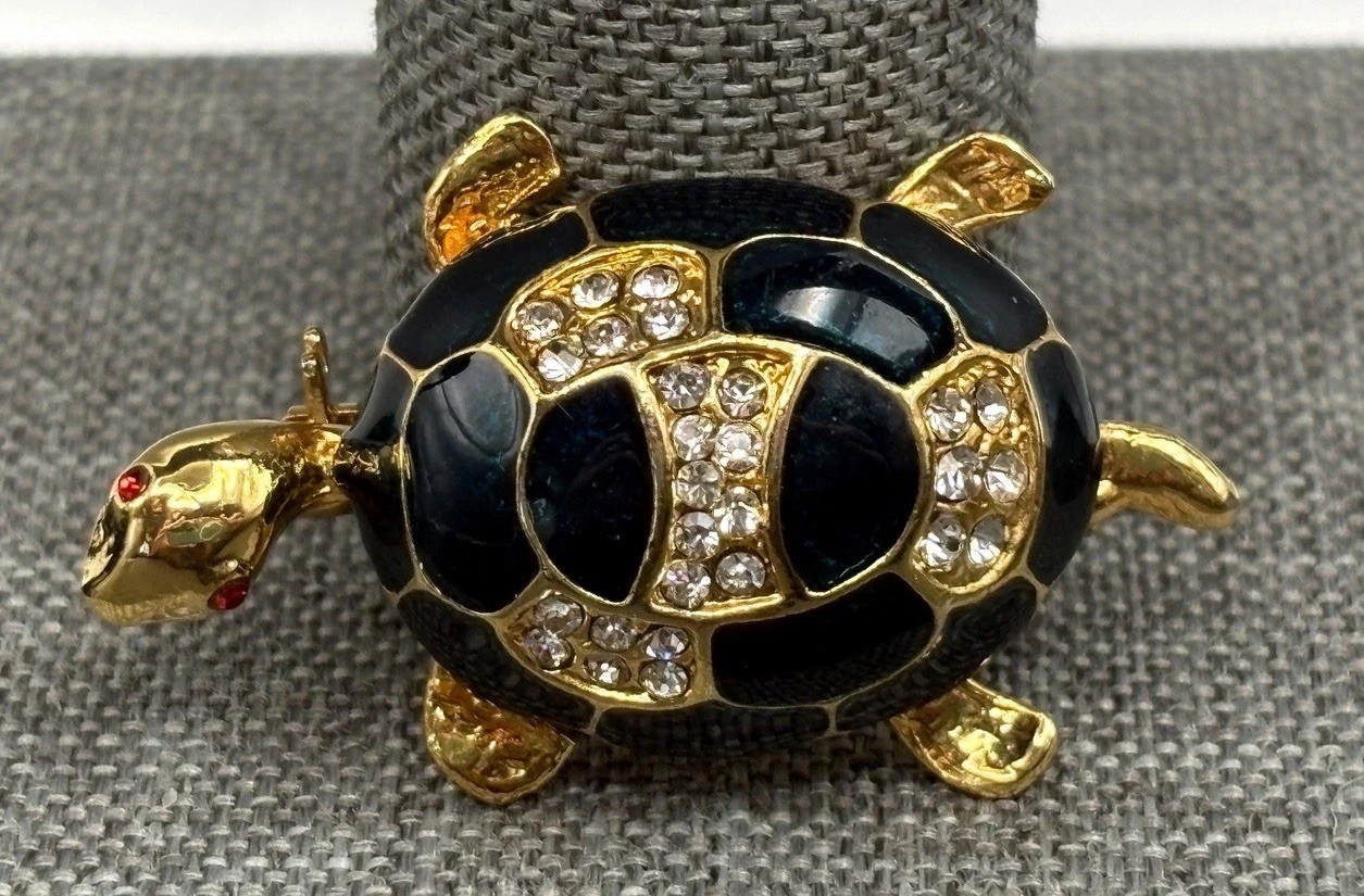Vintage Enamel Rhinestone Gold Tone Turtle Brooch Pin
