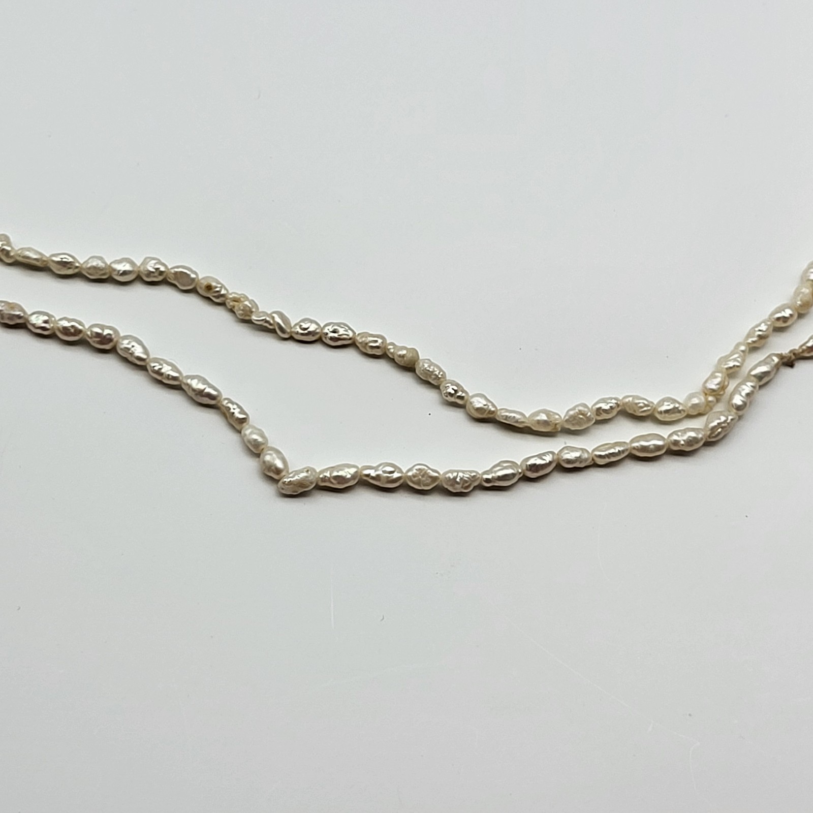 Lovely VTG rice pearl necklace two single strands 32″ bridal no clasp natural