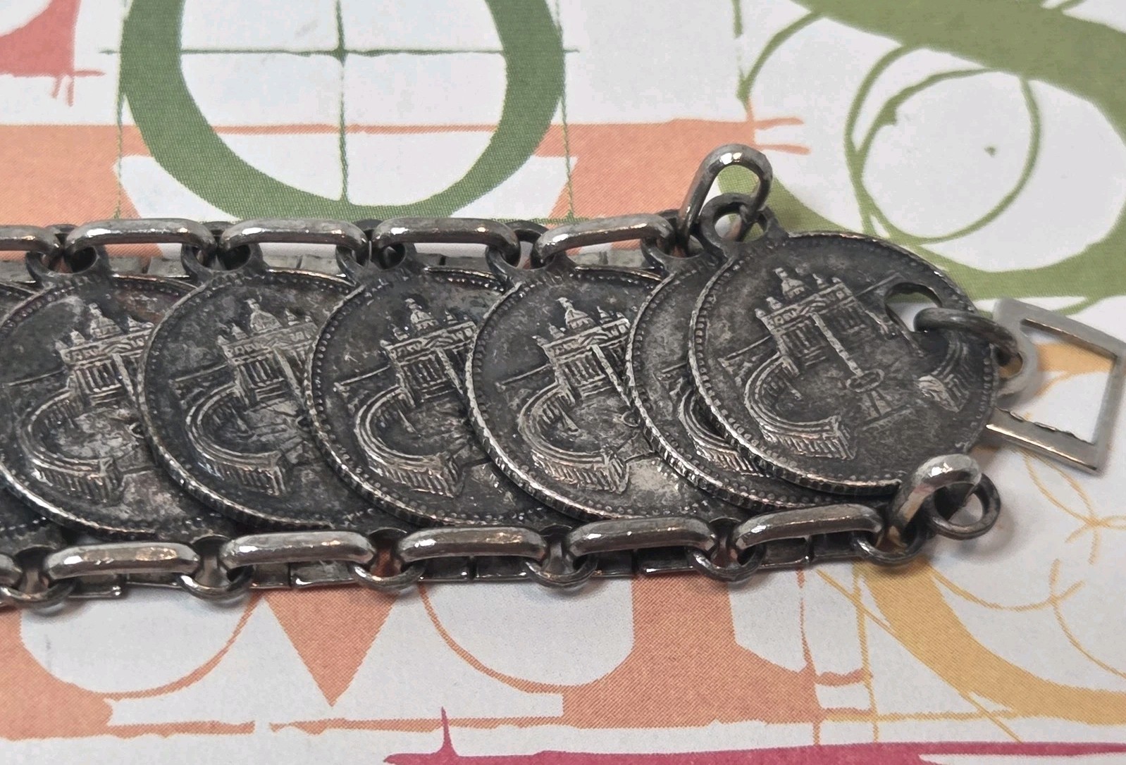 Vtg Roma Italian Coin Souvenir Bracelet Mid Century RomulusRemus St Peters Italy