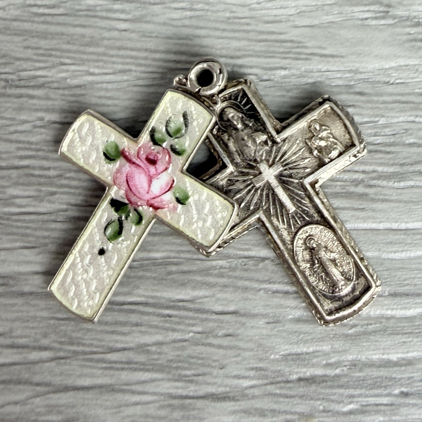 Vintage Possibly Antique Silver Guilloche Slider Rose Cross Necklace Pendant